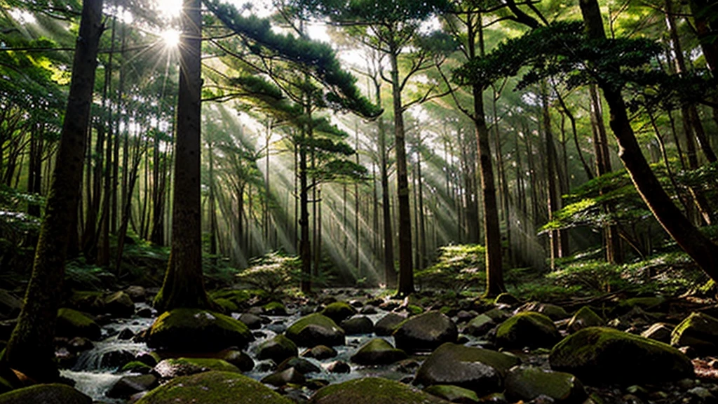 forest、Fresh greenery、Sunlight filtering through the trees、photograph、Yakushima