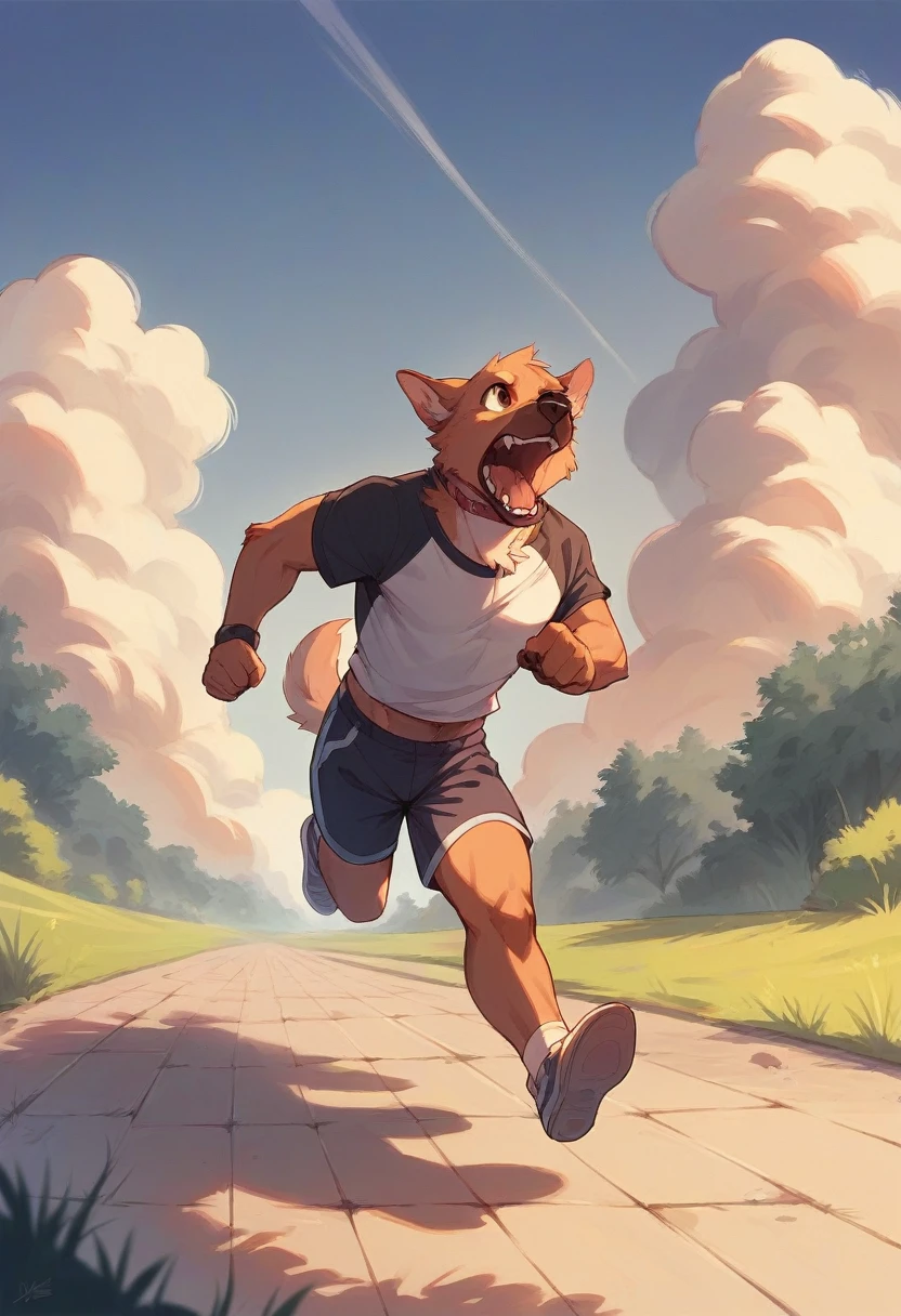 Sazae-san from the anime running with a dog
