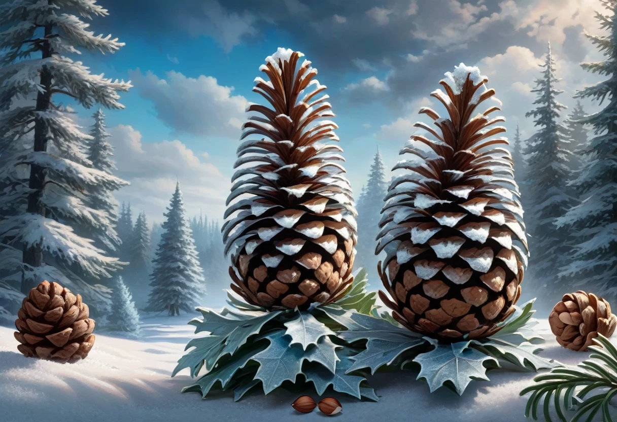 masterpiece, best quality, 8K, professional , By famous artists , Popular on ArtStation, Intricate details, detailed, realism , Reality, Dark Shadows, Background black, dramatic, fantasy，Source reality, Frost covered pine cones and((hazelnut)): Look for pine cones delicately covered in frost,((hazelnut)), Create a charming, Winter scene，There is blue and red smoke，Tense atmosphere