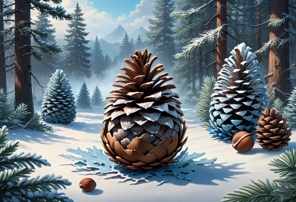 masterpiece, best quality, 8K, professional , By famous artists , Popular on ArtStation, Intricate details, detailed, realism , Reality, Dark Shadows, Background black, dramatic, fantasy,Source reality, Frost covered pine cones and((hazelnut)): Look for pine cones delicately covered in frost,((hazelnut)), Create a charming, Winter scene,There is blue and red smoke,Tense atmosphere