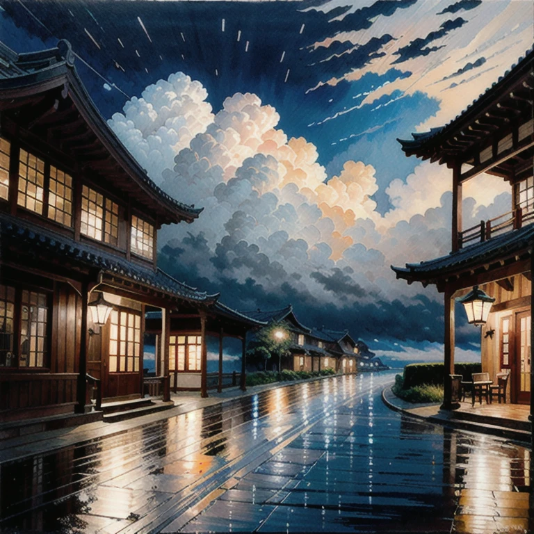 best quality,masterpiece,Very detailed,Extremely detailed, 
秋sky的落叶, 蓝sky, cloud, cloudy sky, sky, have, lantern, 没have人类, outdoor,  \(Moderate\), Palette Knife, rain, landscape, traditional media, water 