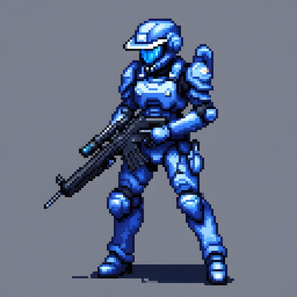 futuristic police officer in cybernetic armor and helmet with blue visor, aiming and shooting with your futuristic rifle, fully body, standing, stopped, Panning, (work of art, maximum quality, best qualityer), pixel, pixel art, 32 bits pixel arte