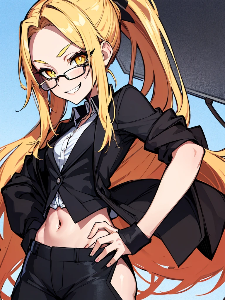(absurdres, 8k, 4k, masterpiece, hyper extreme detailed:1.2), solo, 1girl, side view, perfect face, 1girl, portrait, looking at viewer, solo, standing, Female, Mature Female, evil eyes, female, small , yellow eyes, sharp eyes, wide smile, blonde hair, ponytail, black suit, dress pants, perfect hands, fair skin, dot pupils, "constricted pupils, small pupils", perfect anatomy, correct anatomy, evil, casualwear, graphic t-shirt, shorts, open jacket, long hair, flowing hair, messy hair, swept bangs, hair covering forehead, standing, hands on hips, office background, grin, smirk, sharp, dangerous, bloody, menacing, malicious, chaotic, full body, expressive eyes, perfect eyes, 1girl, small bust, pale, confident, sarcastic, glasses, facing forward, forward view, crazy face, crazy eyes, crazy smile, office background, blue sky, charismatic, flirty, manipulative, shorts, perfect anatomy, half body, cowboy shot,