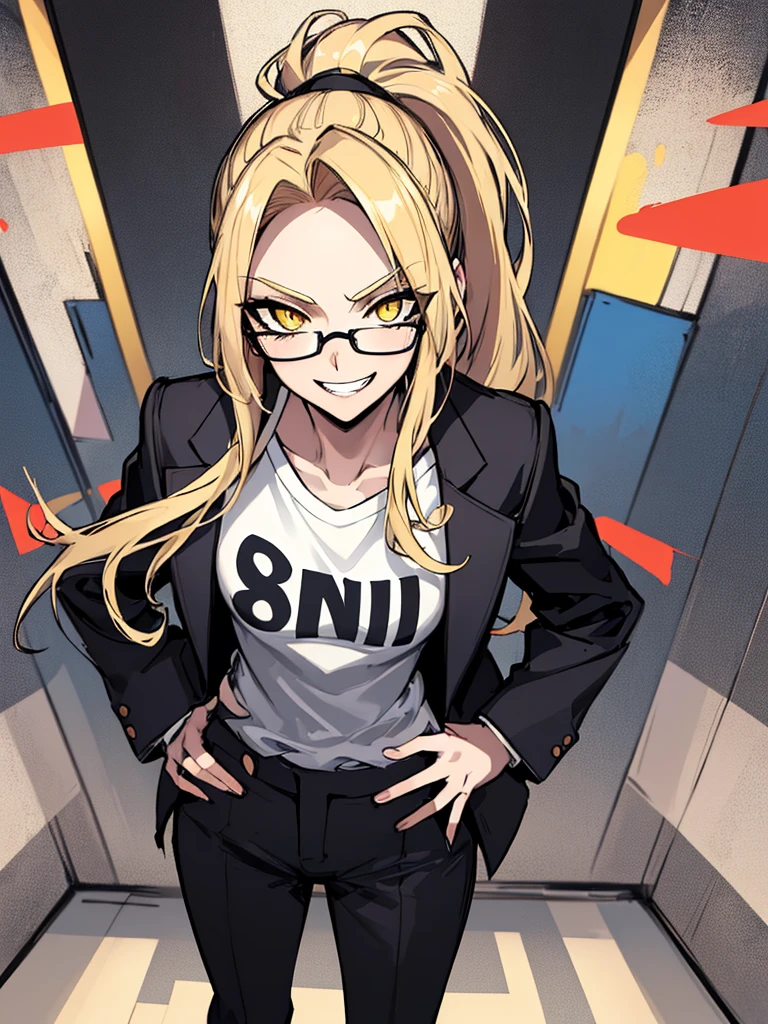 (absurdres, 8k, 4k, masterpiece, hyper extreme detailed:1.2), solo, 1girl, side view, perfect face, 1girl, portrait, looking at viewer, solo, standing, Female, Mature Female, evil eyes, female, small , yellow eyes, sharp eyes, wide smile, blonde hair, ponytail, black suit, dress pants, perfect hands, fair skin, dot pupils, "constricted pupils, small pupils", perfect , correct , evil, casualwear, graphic t-shirt, shorts, , long hair, flowing hair, messy hair, swept bangs, hair covering forehead, standing, hands on hips, office background, grin, smirk, sharp, dangerous, bloody, menacing, malicious, chaotic, full body, expressive eyes, perfect eyes, 1girl, small bust, pale, confident, sarcastic, glasses, facing forward, forward view, crazy face, crazy eyes, crazy smile, office background, blue sky, charismatic, flirty, manipulative, shorts, perfect , half body, cowboy shot, 