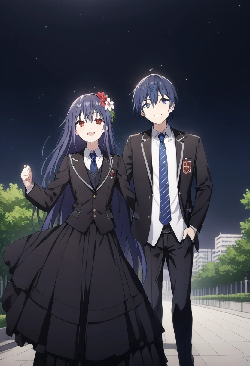 masterpiece, best quality, ((dynamic_angle)),outdoors,

1 girl solo,((medical))_eyepatch,red_eyes,loose_hair,very_long_hair,gothic_lolita,hair_flower,glowing_eyes,floating_hair,smile,

(itsuka shido, 1boy, blue hair, upper body, expressive eyes, school uniform, Black jacket, white shirt, black pants, blue tie, smile, open mouth), He stares at the viewer while shaking his hand towards the viewer.