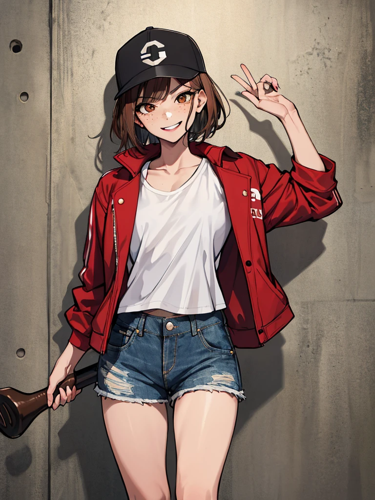 (absurdres, 8k, 4k, masterpiece, hyper extreme detailed:1.2), solo, 1girl, front view, perfect face, 1girl, portrait, looking at viewer, solo, standing, Female, Mature Female, expressive eyes, perfect face, brown hair, short hair, messy hair, smug, wide smile, wide eyes, street clothes, black shirt, red jacket, freckles, brown eyes, mouth open, wide smile, best anatomy, standing, half body, streetwear, dirty, messy, baseball bat, ball cap, open jacket, rugged, torn shorts, jean shorts, ripped shorts, ripped shirt, sneakers, crazy face, crazy eyes, crazy smile, perfect anatomy, half body, cowboy shot, 