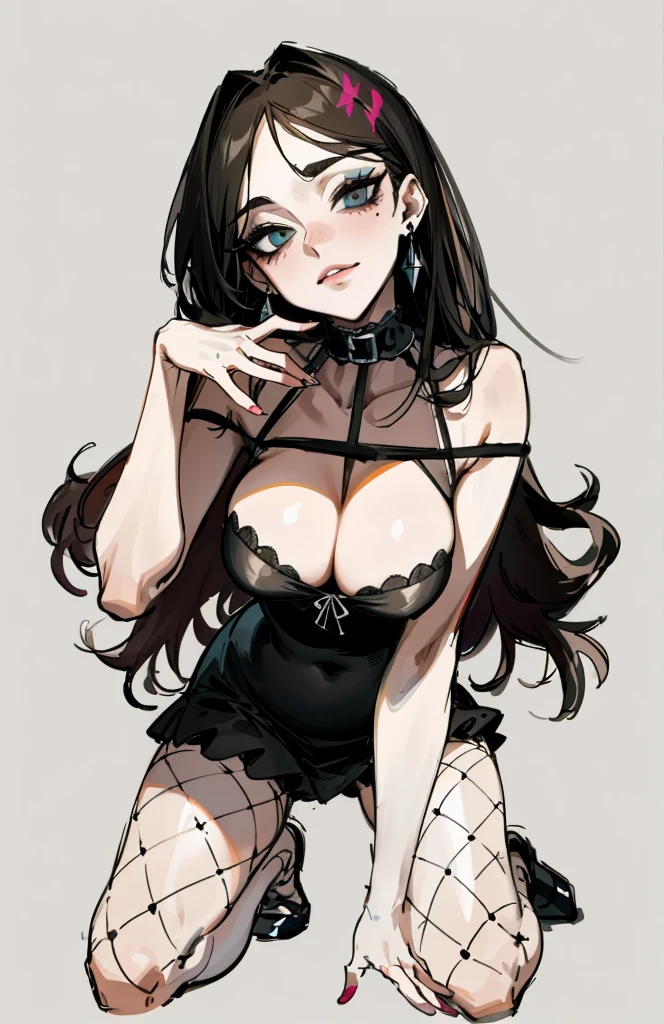 （best quality，masterpiece：1.2，detailed details，4k），((masterpiece)), ((best quality)), (ultra-detailed), anime style,large , slim, slender, ashamed,  ，Kneeling,Girl with modern gothic makeup, fair skin, long legs, black eyeshadow, camisole, plump figure, earrings and lip studs, fishnet stockings, posing in an attractive pose, lovable expression