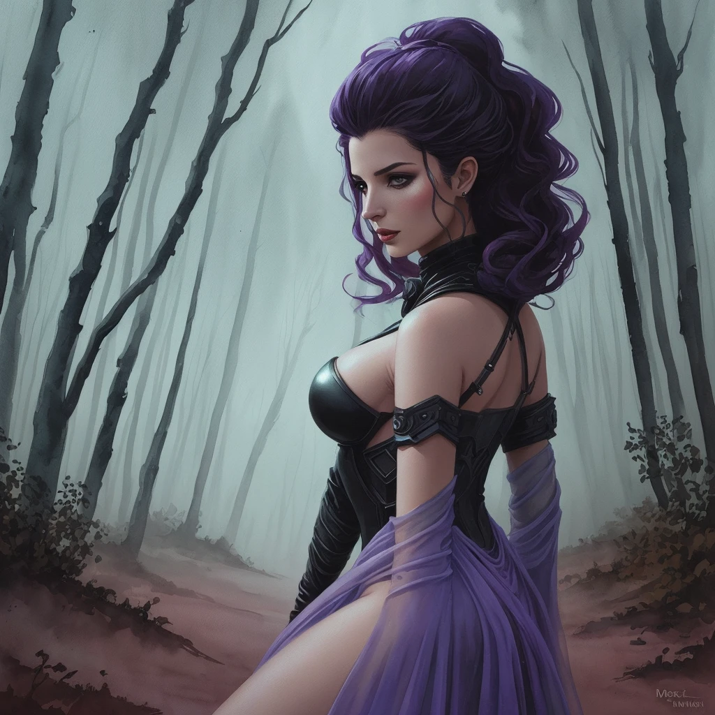 Dark fantasy woman necromancer, with deep v dress. Comic strip merges Mindbug flair with Dune aesthetic, Moebius draw, watercolor technique, foreground focus, desolate forest backdrop, futuristically functional attire, advanced survival technologies, mix fantasy + sci-fi, beauty in harsh world, captured in watercolor strokes, thrive, natural light, highly detailed, digital painting.