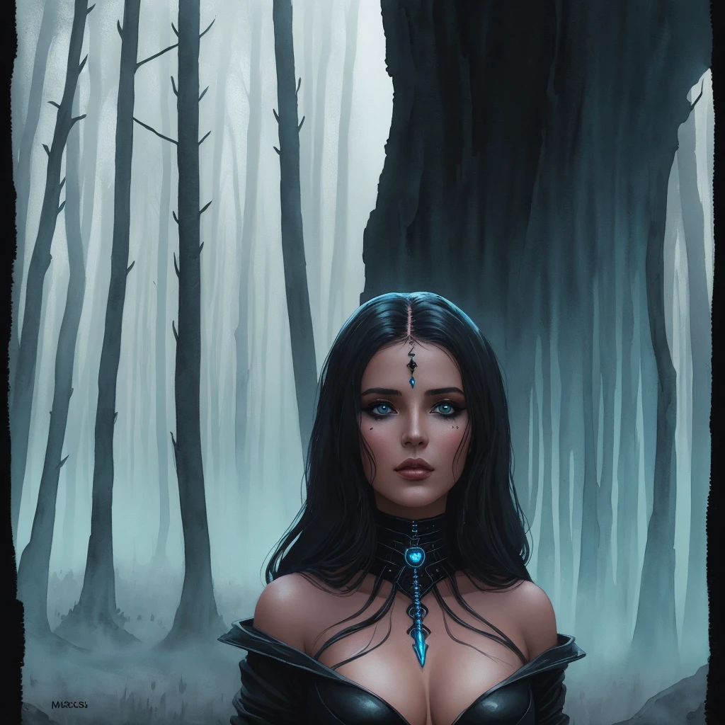 Dark fantasy woman necromancer, with deep v dress. Comic strip merges Mindbug flair with Dune aesthetic, Moebius draw, watercolor technique, foreground focus, desolate forest backdrop, futuristically functional attire, advanced survival technologies, mix fantasy + sci-fi, beauty in harsh world, captured in watercolor strokes, thrive, natural light, highly detailed, digital painting.