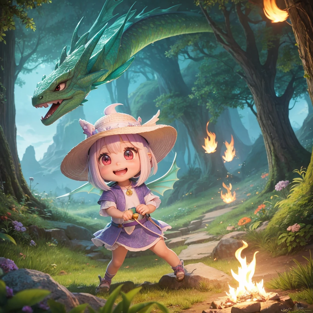 Create an original "yuru-chara" mascot character inspired by a baby dragon. The character should be a small, round dragon with soft, pastel-colored scales and tiny wings. It has big, curious eyes and a playful smile. The dragon is wearing a tiny, cute hat and has a little flame coming from its mouth. The character exudes a playful and adventurous personality, making it perfect for a fantasy-themed park or story. The background should be a simple magical cave or mountain setting.