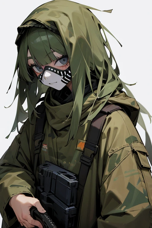 Woman with painted face wearing ghillie suit、