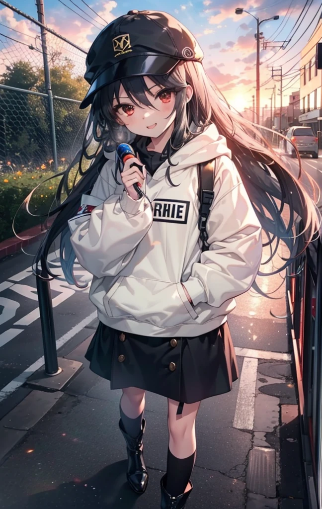 Shana,灼眼のShana,Long Hair, Redhead, Red eyes,happy smile, smile, Open your mouth,Baseball cap,Oversized black hoodie,Black long skirt,short boots,evening,Sunset,The sun is setting,walking,whole bodyがイラストに入るように, break outdoors, construction area, break looking at viewer, whole body, break (masterpiece:1.2), Highest quality, High resolution, unity 8k wallpaper, (shape:0.8), (Beautiful attention to detail:1.6), Highly detailed face, Perfect lighting, Highly detailed CG, (Perfect hands, Perfect Anatomy),
