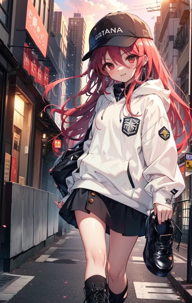 Shana,灼眼のShana,Long Hair, Redhead, Red eyes,happy smile, smile, Open your mouth,Baseball cap,Oversized black hoodie,Black long skirt,short boots,evening,Sunset,The sun is setting,walking,whole bodyがイラストに入るように, break outdoors, construction area, break looking at viewer, whole body, break (masterpiece:1.2), Highest quality, High resolution, unity 8k wallpaper, (shape:0.8), (Beautiful attention to detail:1.6), Highly detailed face, Perfect lighting, Highly detailed CG, (Perfect hands, Perfect ???????),