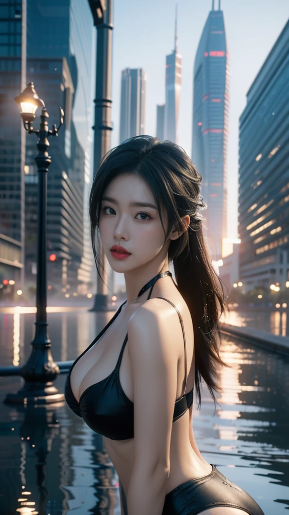 Game Art,Best image quality,Maximum resolution,8K,((A bust photo)),((portrait)),(Black bikini)(Rule of Thirds),Unreal Engine 5 rendering works, (Future girl),(Female Warrior), 22-year-old young hacker),(Oriental hairstyle),(Beautiful eyes full of details),(Large Breasts),(Eyeshadow),Elegant and charming,indifferent,((frown)),(Big and milk splashing,Photo poses,City background,lamp,Ray Tracing,Game CG,((3D Unreal Engine)),OC rendering reflection mode