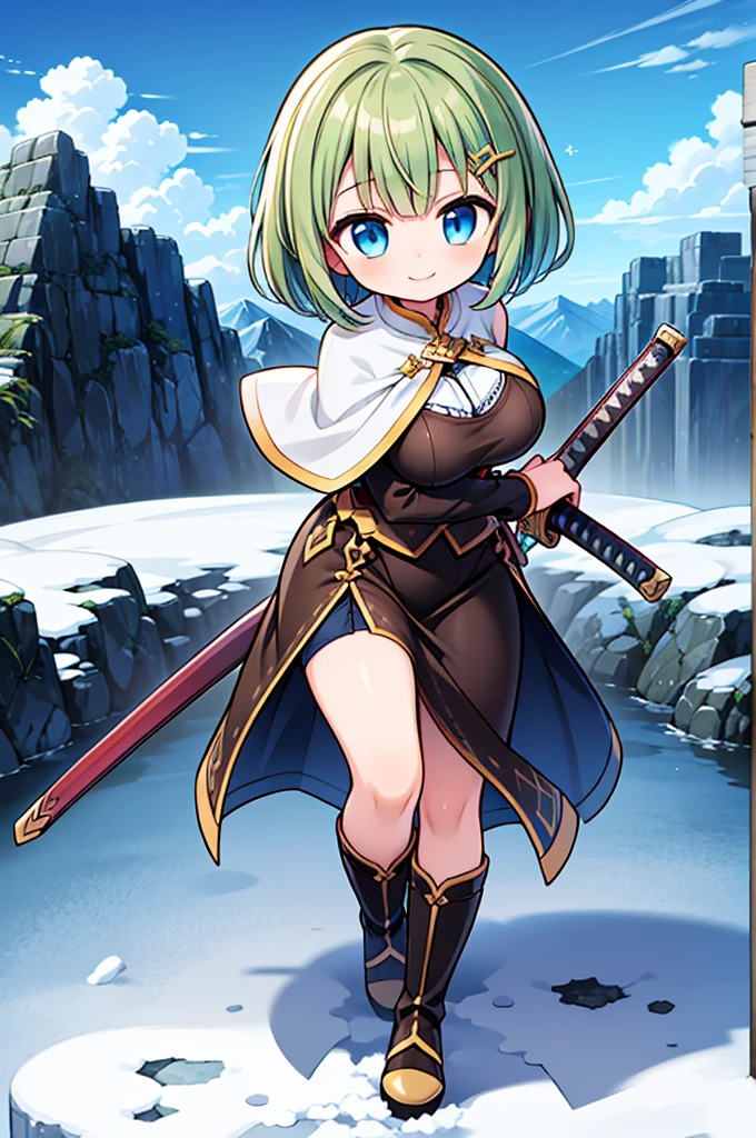 Fantasy,((Masterpiece)),((high resolution)),((Best Quality)),Anime illustration,((1girl)),(ウェーブがかったshort hair),(short hair),(Dark green hair),Braid,Large round light blue eyes,Droopy eyes,12 years old,baby face and ,(very ),(child),Short stature,,sleeveless white blouse,Blue ,slit,Brown corset,brown capelet,smile,Golden hair ornament,Brown long boots,blue sky,Snow Mountain,Full body image,Battoujutsu,