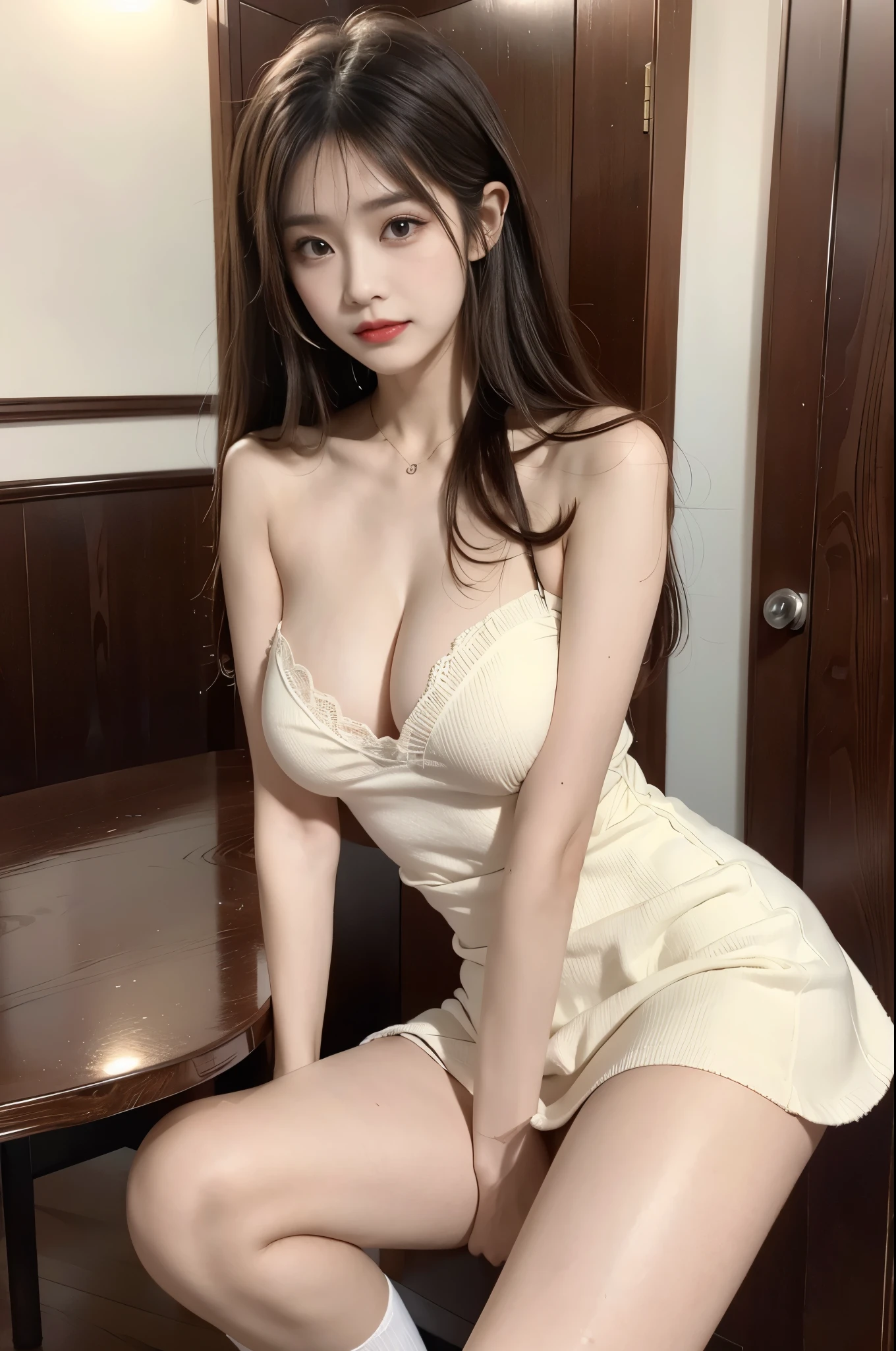 ((Large Breasts)), ((D cup)), Visible cleavage,Highly detailed face and skin texture,Double eyelids,Skin Whitening,Long hair,Whitening long legs,Standing by the sea, Fashion Girl, Red lips, Sweet Girl, Beautiful makeup, detail, lifelike, Very detailed, Astonishing, beautiful, Young and energetic, high quality,HD, Colorful, Beautifully, Smooth skin, The skirt is very short, Official Art, Extremely detailed, Movie atmosphere, Soft colors, Natural skin texture, Random scene, random shooting Angle, Black over-the-knee socks, lace hem
