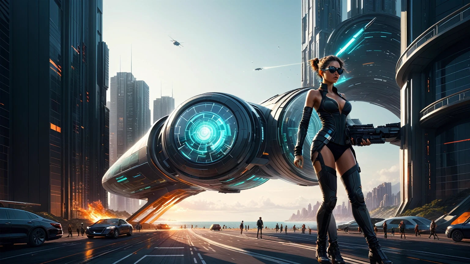 Brightly colored abstract aerial view image of a (((((futuristic helipad beside ocean))))) with a spiral, a (((futuristic all-glass train))) passing by, epic beautiful space sci-fi, chaotic cinematic space rift, Greg Beeple, Beeple and Tim Hildebrandt, Beeple and Jean Giraud, (((giant glass lion sculpture))), galaxy space sci-fi, ringworld, by Mike "Beeple" Winkelmann. Matrix style, (((Matrix cascading code))), (((a futuristic twin tower skyscraper with a unique twisted design))), (((OLED GUI interfaces in the building))), at night, (((((1girl, solo))))), photo realistic, (((((((large-breast:1.2 body, cleavage:1.4))))))), (((((off broken mini sling-shirt and black sling bra, extreamly short pleated miniskirt exposing panty))))), (((((running pose))))), (((((((matrix style black micro sunglasses))))))), ((((((((((aiming with a short gun)))))))))), (((((looking at camera))))), (((very low view))), (((((half-body thigh level medium shot))))), (((cinematic lighting))).