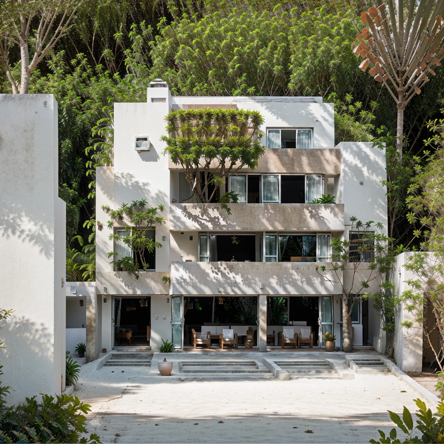 modern villa, contemporary style, coconut trees, greenery landscape, along the white beach, clear sky, day time, warm lighting RAW Photo, RAW texture, Super Realistic, 32K UHD, DSLR, soft lighting, high quality, film rating, Fujifilm XT3 