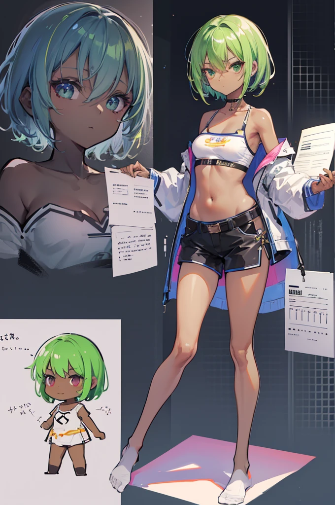 multiple views, pencil sketch, (sketch:1.25), (,small breasts,), ((no shoes)), shy, best quality, graphite \\(medium\\), ske, gradient, rainbow, note, Line draft, highres, absurdres, (ultra-detailed:1.1), (illustration:1.1), (infographic:1.2), pajamas, (all clothes configuration:1.15), (solo), perfectly drawn hands, standing, cohesive background, paper, action, (character design:1.1), beltbra, corin, 1girl, ((dark skin)), short hair, green hair, bandaid on leg,