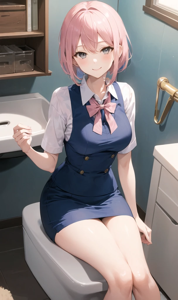 ((masterpiece, Best)), (1girl),（Sitting on the toilet） ，（Sticking your butt out），(mature woman), light pink hair, trumpet, ((office lady), bangs, mid-breasted, (full), slim, smile, [wide hips], office, standing, understood \ (blue file),