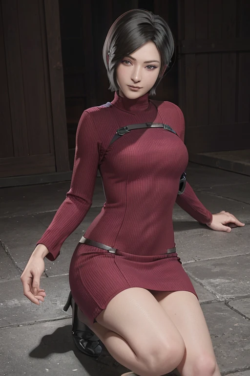 1 rapariga， solo， Ada Wong in Resident Evil 4 Remake， short detailed hair， brunette color hair， Red cheongsam， Short-sleeved shirt， Nero， nedium breasts， upper limbs， hindquarters， Black heels， Adriana's face， Find your audience， sly smile， A pistol was hung on her waist， best qualtiy， hight resolution：1.2， 18th century village in the background， Shadowing， Nightmare， rays of moonlight， Upper body photography， Low camera angle、depth of fields、center focused,sits,feets