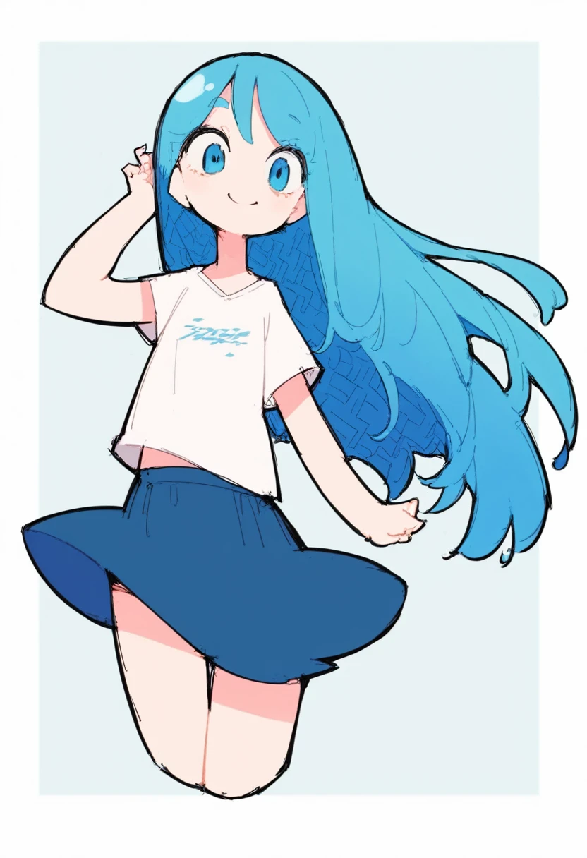 Girl, blue hair, long hair, blue eyes, joint, white t-shirt, blue skirt, smiling,