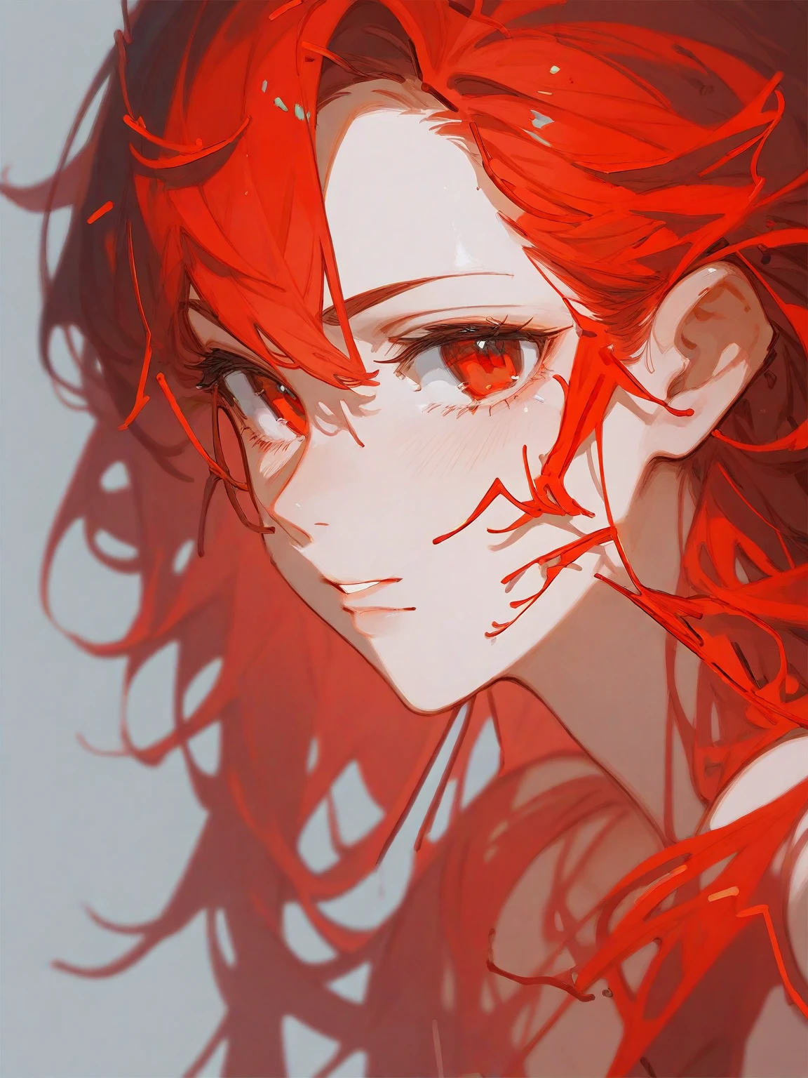 Red Hair, Red pupil, Accented teto, Flat style animation, Solid color background,High saturation coloring, Saturation contrast is obvious, The lines are obvious,