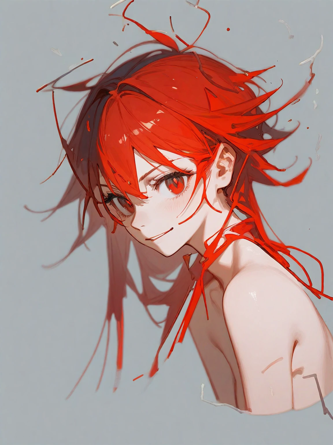 Red Hair, Red pupil, Accented teto, Flat style animation, Solid color background,High saturation coloring, Saturation contrast is obvious, The lines are obvious,