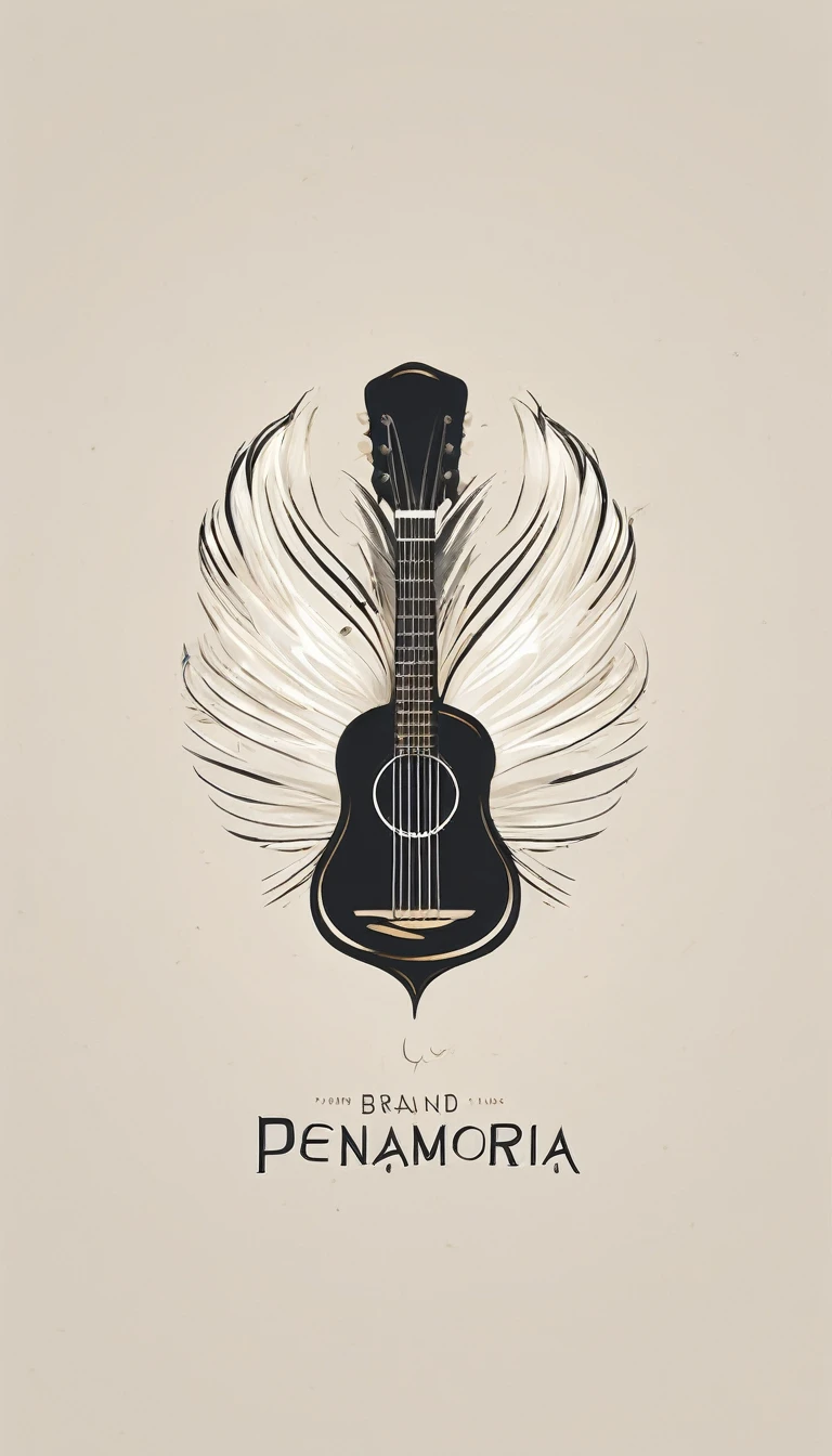 A minimal, modern, simple, cinematic logotype for the brand “Penamemoria". The logotype must be a simple, magical feather and a boy playing acoustic guitar. The logo must convey a sense of music, stories and dreams. Logo design impressed on a book cover. Minimalistic logo