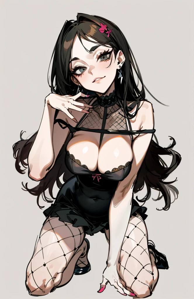 （best quality，masterpiece：1.2，detailed details，4k），((masterpiece)), ((best quality)), (ultra-detailed), anime style,large breast, slim, slender, ashamed,  ，Kneeling,Girl with modern gothic makeup, fair skin, long legs, black eyeshadow, camisole, plump figure, earrings and lip studs, fishnet stockings, posing in an attractive pose, lovable expression