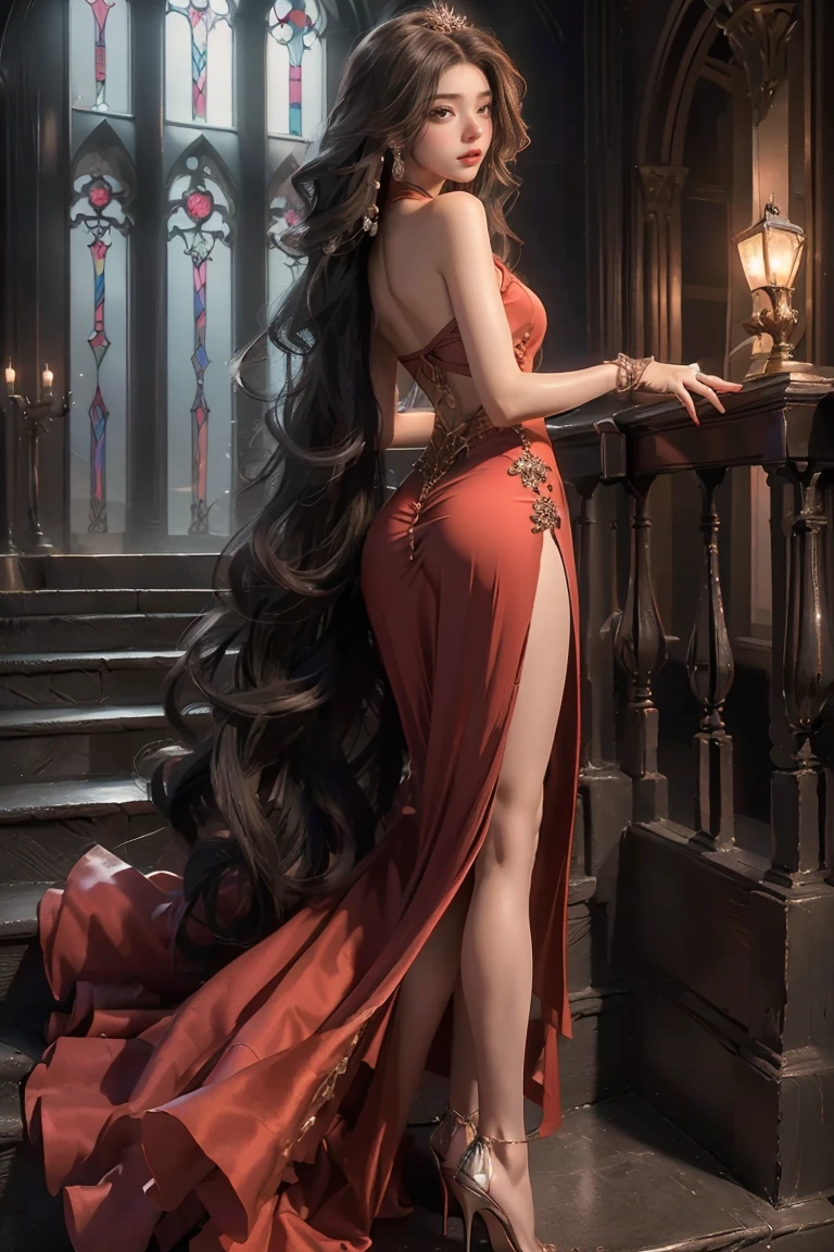 ((masterpiece, best quality, Highest image quality, high resolution, Reality, RAW photos, 8K)), woman in evening dress, (Long hair combed back, Gemstone hair accessories, Long glove, Glass shoes, Bare shoulders, Bare back), Looking back halfway up the broad staircase leading to the castle, Watch from above, with see through bickny