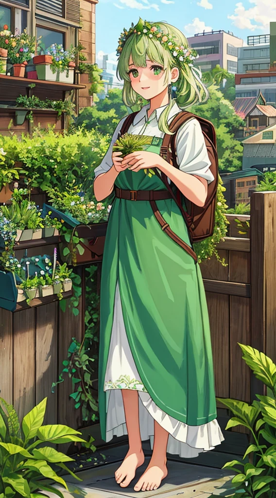 Urban gardener, draped in eco-friendly clothing adorned with real plant accents, barefoot on a city rooftop garden, hands gently tending to lush greenery, hair woven with fresh flowers, a botanical crown with succulent accents, fingers decorated with delicate plant-inspired jewelry, a backpack filled with seeds and plant care tools, a vibrant aura of natural harmony and growth, heterochromia