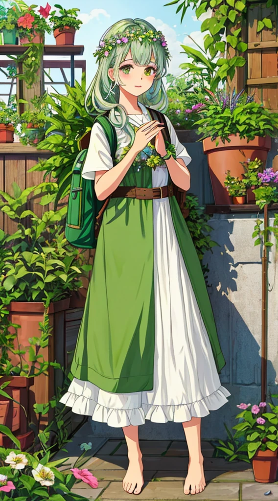 Urban gardener, draped in eco-friendly clothing adorned with real plant accents, barefoot on a city rooftop garden, hands gently tending to lush greenery, hair woven with fresh flowers, a botanical crown with succulent accents, fingers decorated with delicate plant-inspired jewelry, a backpack filled with seeds and plant care tools, a vibrant aura of natural harmony and growth, heterochromia