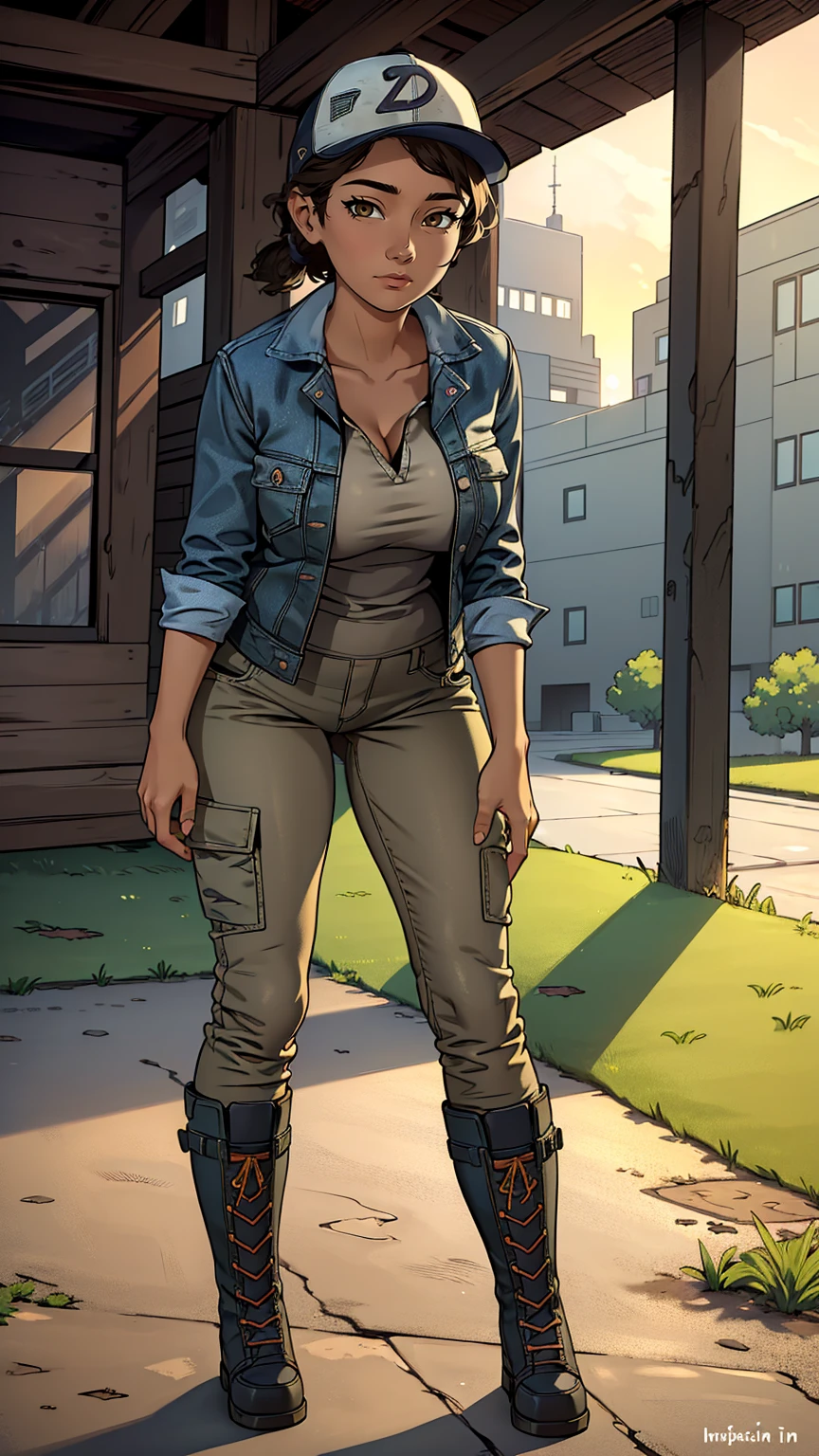 ((masterpiece, best quality)),(complex lighting) ,solo,(((1girl))) ,clementine, light skin,light-skinned female, baseball cap, green cargo pants, brown eyes, tight pants, combat boots, shirt, short hair, one short ponytail, open denim jacket, huge butt, thicc butt , (((8k))), (((full body))), (((bent over))), (((looking at the viewer))), (((view from in front of her))), big breasts