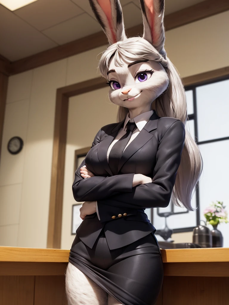 best quality, masterpiece, 3D anime, (((solo))), (((1girl))),  ((Face is JudyHopps)), (long ears like a rabbit:0.8), Heir is in a black ponytail style, Body is human lady, 	
She is a new employee, 
Hers outfit is business suit, She is wearing a black jacket over a white blouse and a black skirt, (the suit is made of wool:1.4), ((skin is silver with fluffy and fluffy)), (portrait view), In the background there is a green leaves, ((Her expression shows a fresh fresh smile, Posture while serving customers))