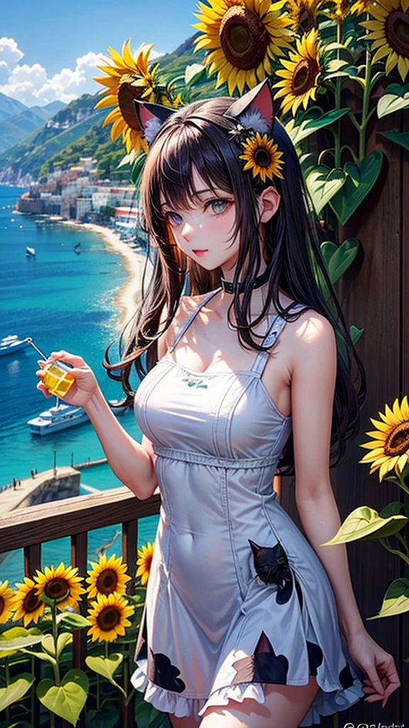 Beautiful girl walking seashore, 
the stunning Amalfi Coast in Italy, with viewers enjoying the traditional Italian lemon liqueur, Limoncello, in hand as they take in the breathtaking scenery,
Capture the picturesque coastal villages along the Amalfi Coast, such as Positano, Amalfi, and Ravello, with their colorful buildings cascading down the cliffs towards the azure Mediterranean Sea,
Focus on the rugged coastline, with images of dramatic cliffs, hidden coves, and crystal-clear waters that create a paradise-like setting for relaxation and exploration,(sunflower:1.3),
(Cat ears:1.3), (Cow pattern dress:1.2),