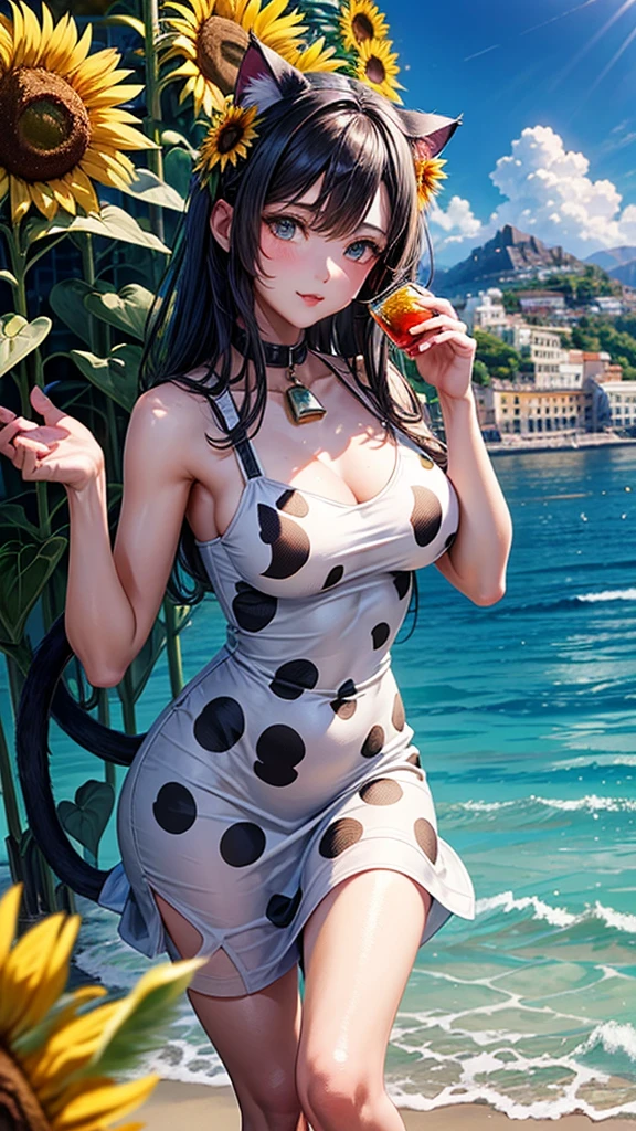 Beautiful girl walking seashore,
the stunning Amalfi Coast in Italy, with viewers enjoying the traditional Italian lemon liqueur, Limoncello, in hand as they take in the breathtaking scenery,
Capture the picturesque coastal villages along the Amalfi Coast, such as Positano, Amalfi, and Ravello, with their colorful buildings cascading down the cliffs towards the azure Mediterranean Sea,
Focus on the rugged coastline, with images of dramatic cliffs, hidden coves, and crystal-clear waters that create a paradise-like setting for relaxation and exploration,(sunflower:1.3),
(Cat ears:1.3), (Cow pattern dress:1.2),