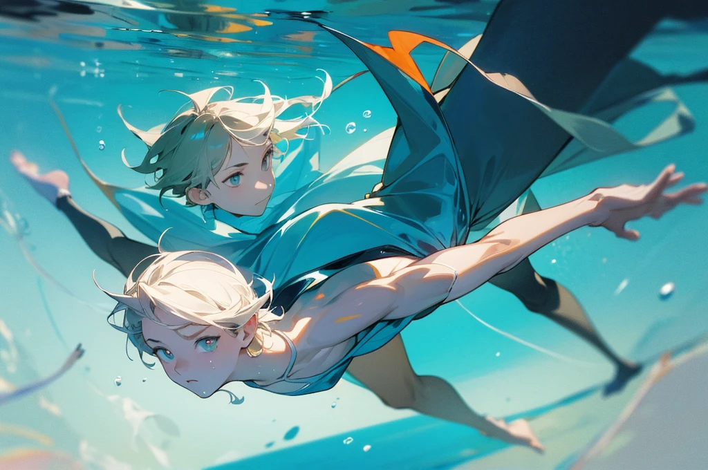 highres, masterpiece, perfect anatomy, best quality,8k, perfect face, expressive eyes, 1boy, young, underwater, happy, swimming underwater, creative, underwater view, fish, official art, full body, looking away from viewer, trending on pixiv, swimming, floating, 3/4ths view