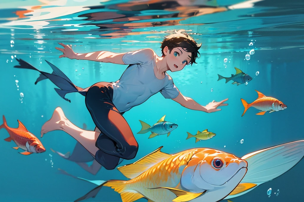 highres, masterpiece, perfect anatomy, best quality,8k, perfect face, expressive eyes, 1boy, young, underwater, happy, swimming underwater, creative, underwater view, fish, official art, full body, looking away from viewer, trending on pixiv, swimming, floating, 3/4ths view