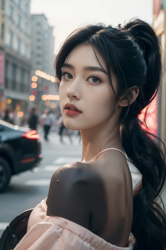 (((best quality))),(((ultra detailed))),(((masterpiece))),illustration,1girl,slim,strapless vibrant rose-pink bra,short ponytail,flat chest,bustling city streets, honking cars,surrounded by crowded crowds, colorful advertisements,enjoying sights and sounds,(dark black skin:1.5),day scene,(close-up of face:1.3)