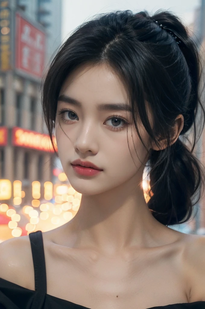 (((best quality))),(((ultra detailed))),(((masterpiece))),illustration,1girl,slim,strapless vibrant rose-pink bra,short ponytail,flat chest,bustling city streets, honking cars,surrounded by crowded crowds, colorful advertisements,enjoying sights and sounds,(dark black skin:1.5),day scene,(close-up of face:1.3)