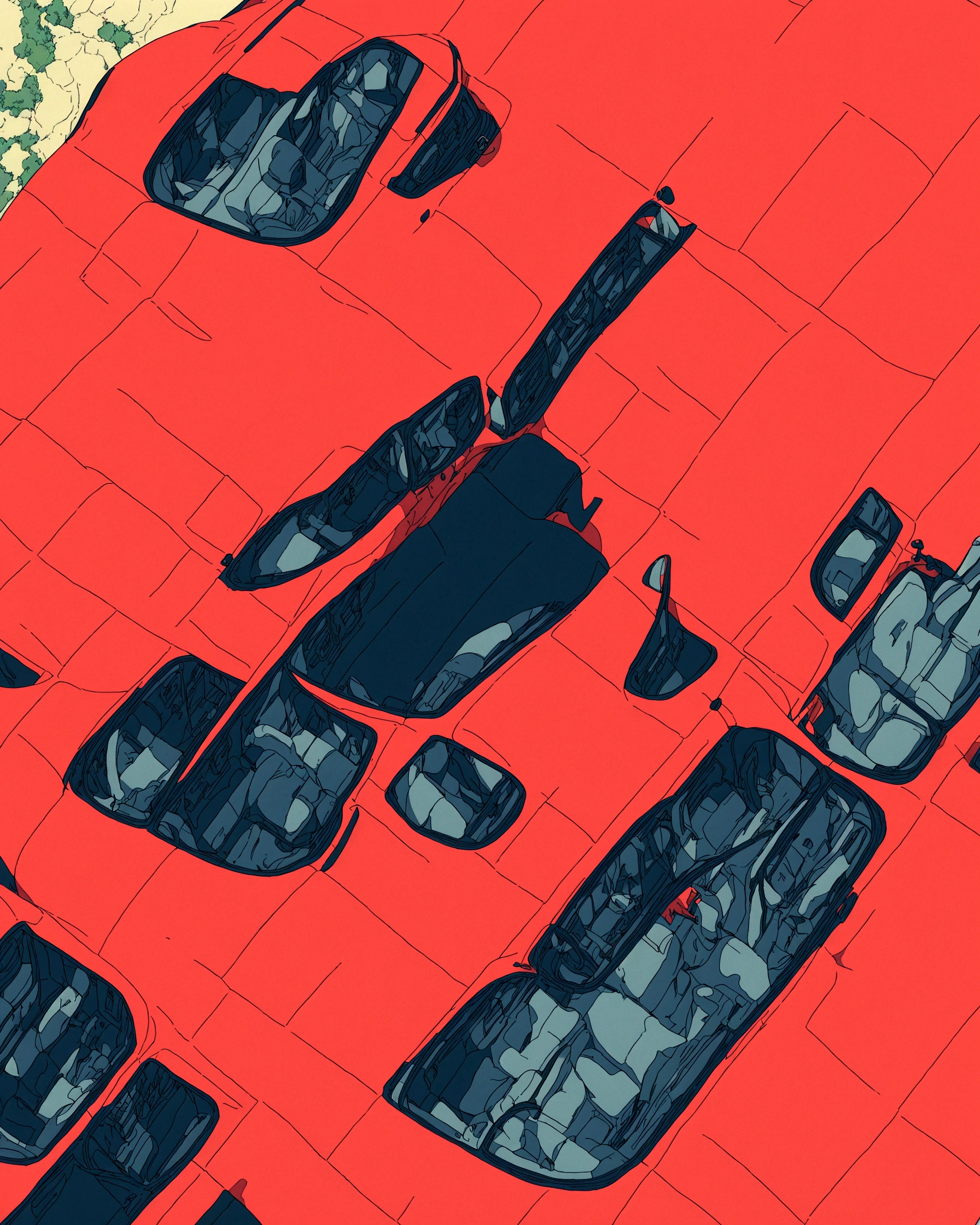 a close-up top-down view from the convertible car's seat, with high resolution, high detail, bright colors, simple lines