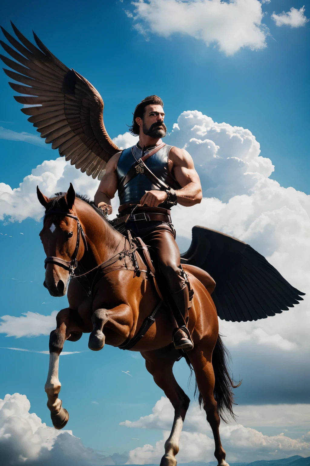A man sat on horse,horse have wings and flying on sky, background clouds,clouds details,man with strong muscle, moustache, sword in one hand, royalty, realistic,8k