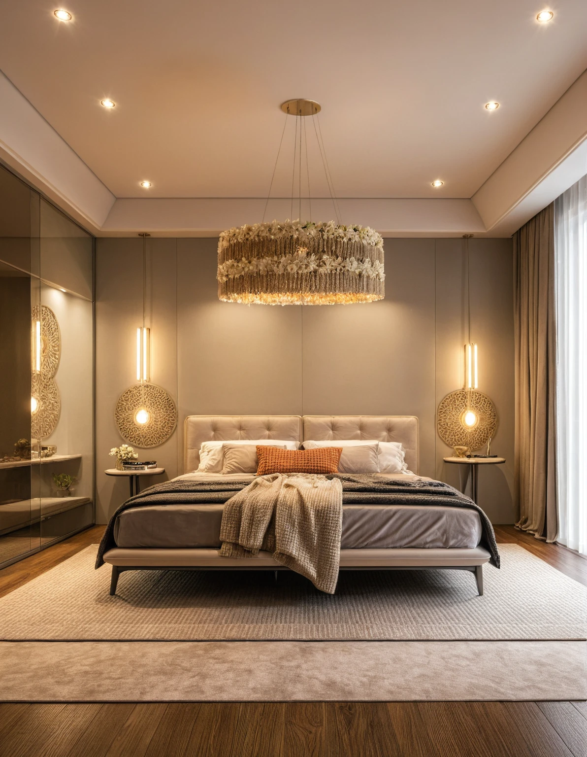 Raw photo,Masterpiece, high quality, best quality, authentic, super detail, interior, indoors, ((bedroom style modern luxury)), sunset, day light, bed, lamp, carpet, curves, bedside cabinets, flower vase, wood floor ,wardrobe, glass cabinet doors, led, table lamps, chandeliers, windows, curtains, downlight, book