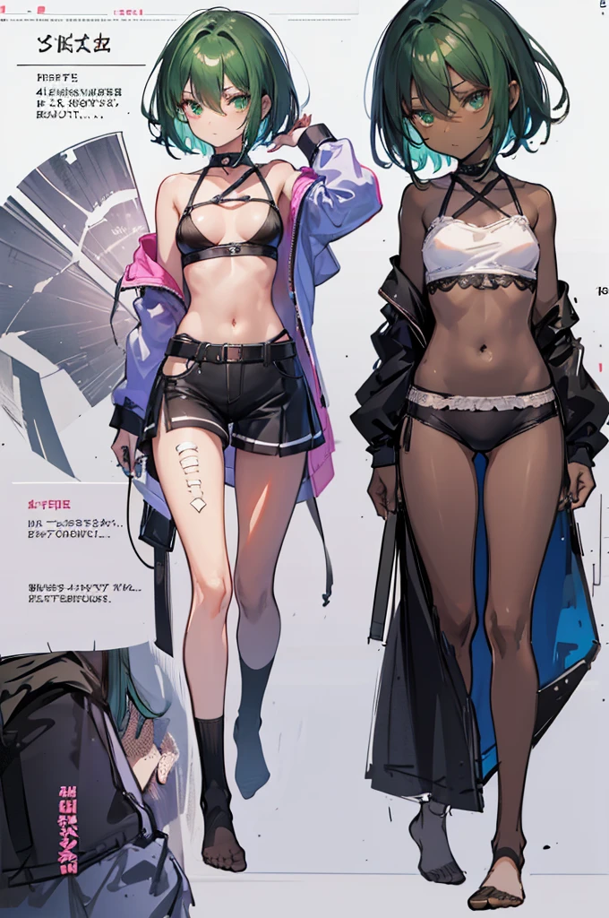 multiple views, pencil sketch, (sketch:1.25), (,small breasts,), ((no shoes)), shy, best quality, graphite \\(medium\\), ske, gradient, rainbow, note, Line draft, highres, absurdres, (ultra-detailed:1.1), (illustration:1.1), (infographic:1.2), pajamas, (all clothes configuration:1.15), (solo), perfectly drawn hands, standing, cohesive background, paper, action, (character design:1.1), beltbra, corin, 1girl, ((dark skin)), short hair, green hair, bandaid on leg,