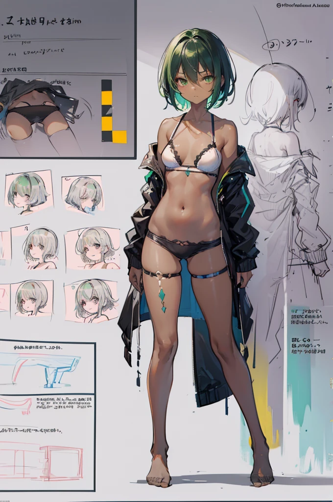 multiple views, pencil sketch, (sketch:1.25), (little girl,small breasts,), ((no shoes)), shy, best quality, graphite \\(medium\\), ske, gradient, rainbow, note, Line draft, highres, absurdres, (ultra-detailed:1.1), (illustration:1.1), (infographic:1.2), pajamas, (all clothes configuration:1.15), (solo), perfectly drawn hands, standing, cohesive background, paper, action, (character design:1.1), beltbra, corin, 1girl, ((dark skin)), short hair, green hair, bandaid on leg,
