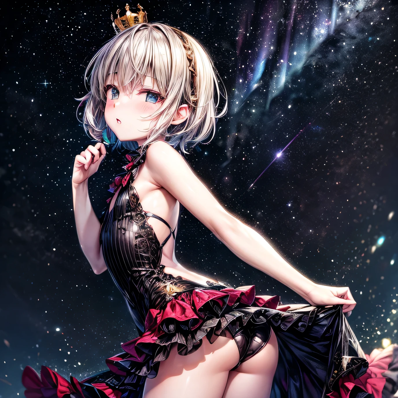 Anime AI art, high qualtiy, digital art, high qualtiy AI, femboy Otoko no ko, blue aqua hair, short hair, (super flat chest), thin body, big butt, sexy ass, blush on face,very shy face, frilled dress, short dress, red color dress, sexy pose, hot pose, golden crown, night Aurora rainbow full of stars background 