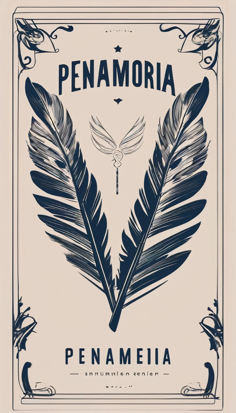 A minimal, modern, simple, cinematic logotype for the brand “Penamemoria". The logotype must be a simple, magical feather and a boy playing acoustic guitar. The logo must convey a sense of music, stories and dreams. Logo design impressed on a book cover. Minimalistic logo
