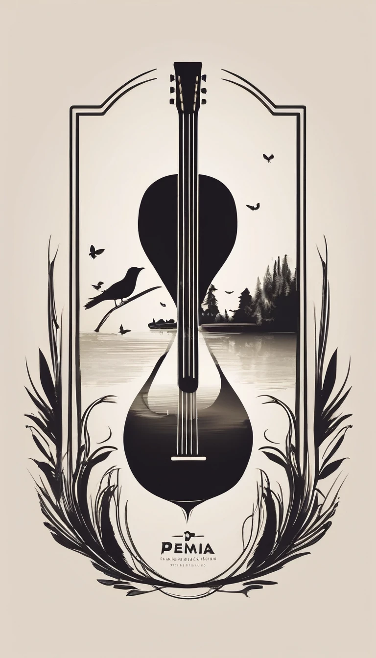 A minimal, modern, simple, cinematic logotype for the brand “Penamemoria". The logotype must be a simple, magical feather and a boy playing acoustic guitar. The logo must convey a sense of music, stories and dreams. Logo design impressed on a book cover. Minimalistic logo
