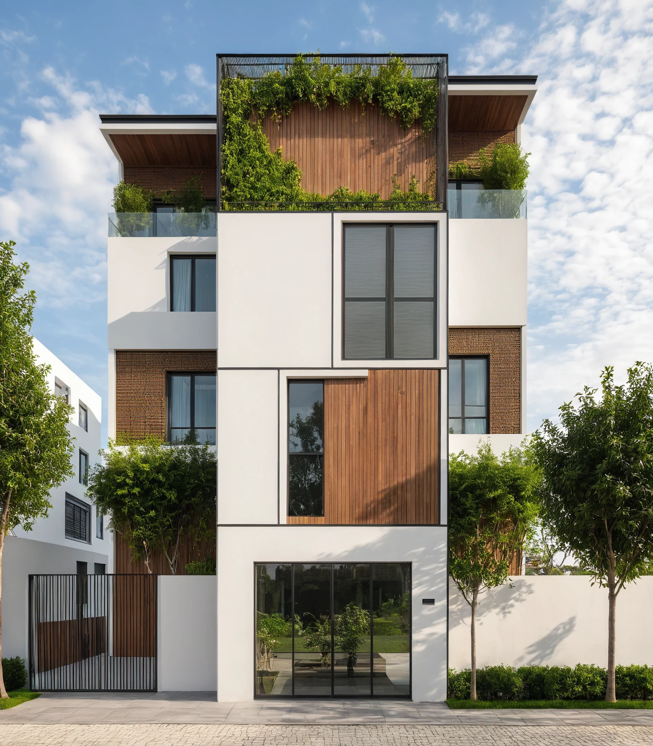 Masterpiece, high quality, best quality, authentic, super detail, outdoors, house style modern, bietthuhn, white wall, glass windows, gate road, pavement, grass, trees, Beautiful_sky, SUNSET, (day:1.1), realistic lighting